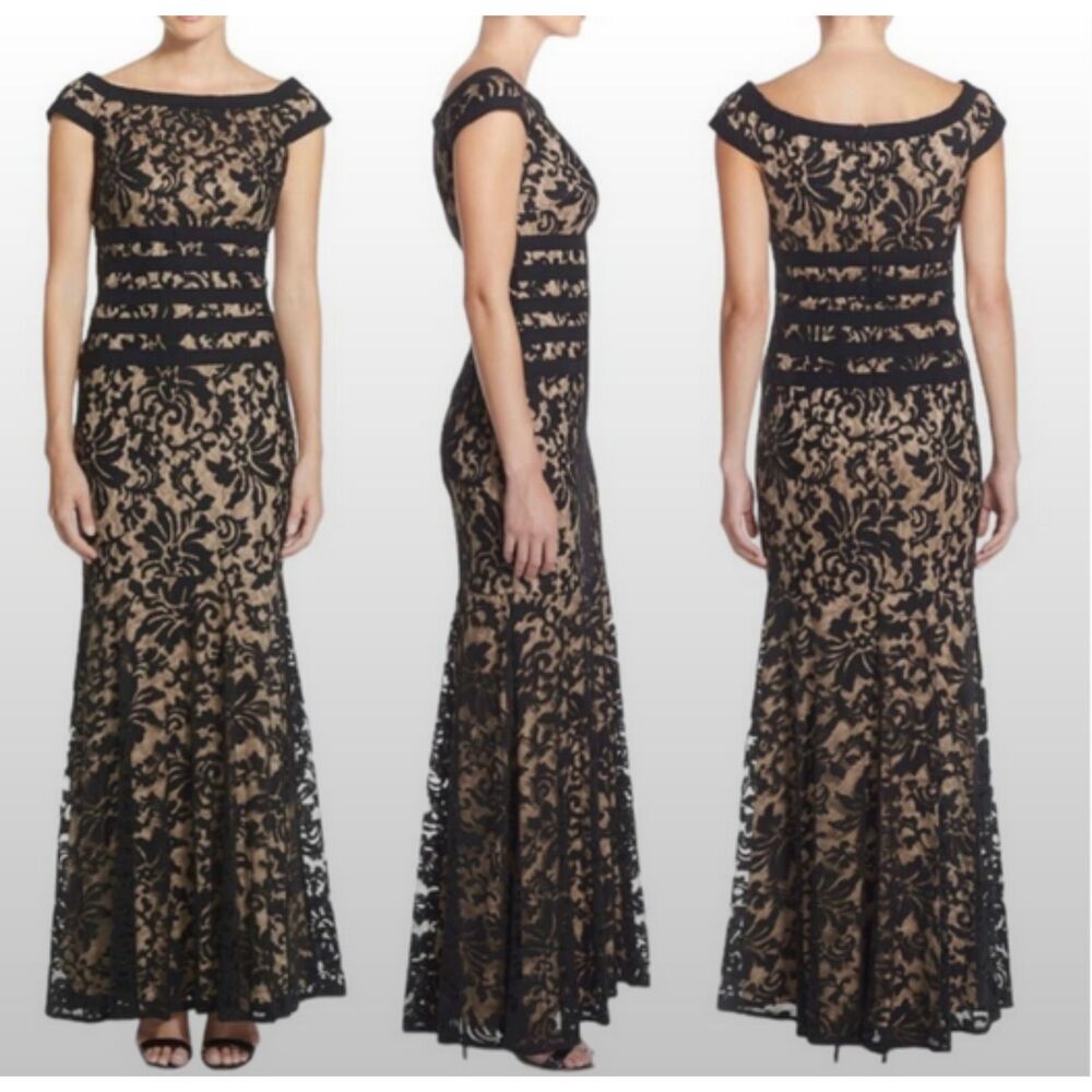 Tadashi Shoji | Black Lace Nude Slip Bateau Mermaid Gown | Sz 8